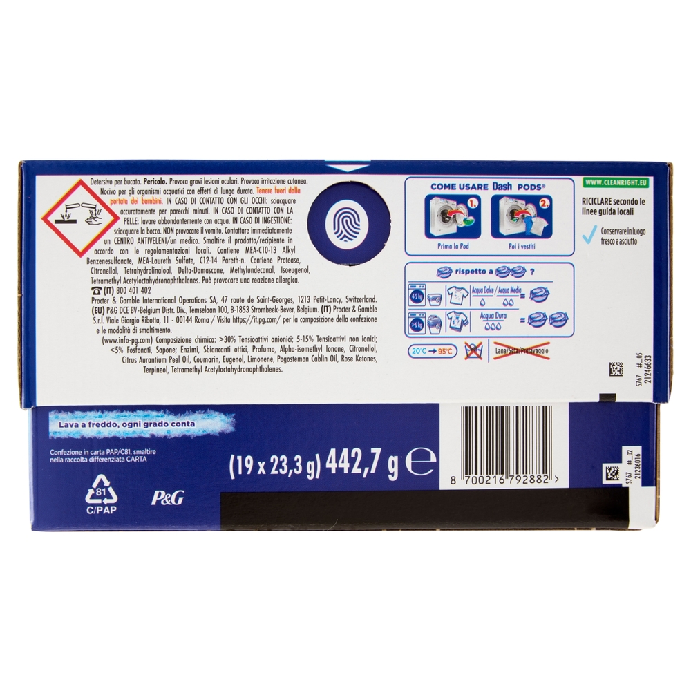 Dash Power Pods Detersivo Lavatrice In Capsule, Azione Extra-Igienizzante, 19 Lavaggi 442,7 g